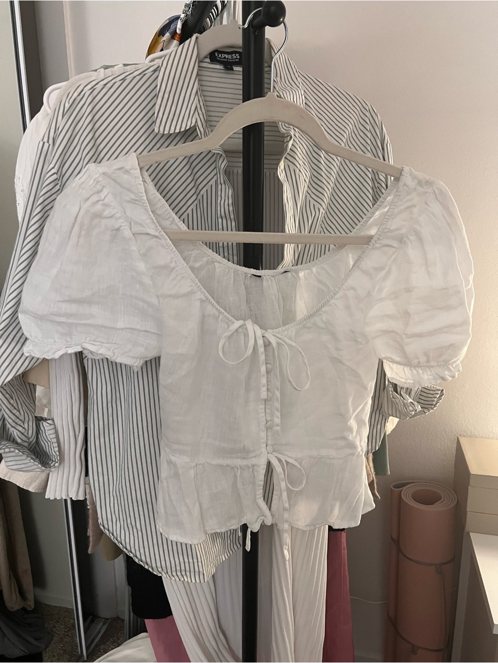 Zara White Linen Puff-Sleeve Tie-Front Peplum Top
